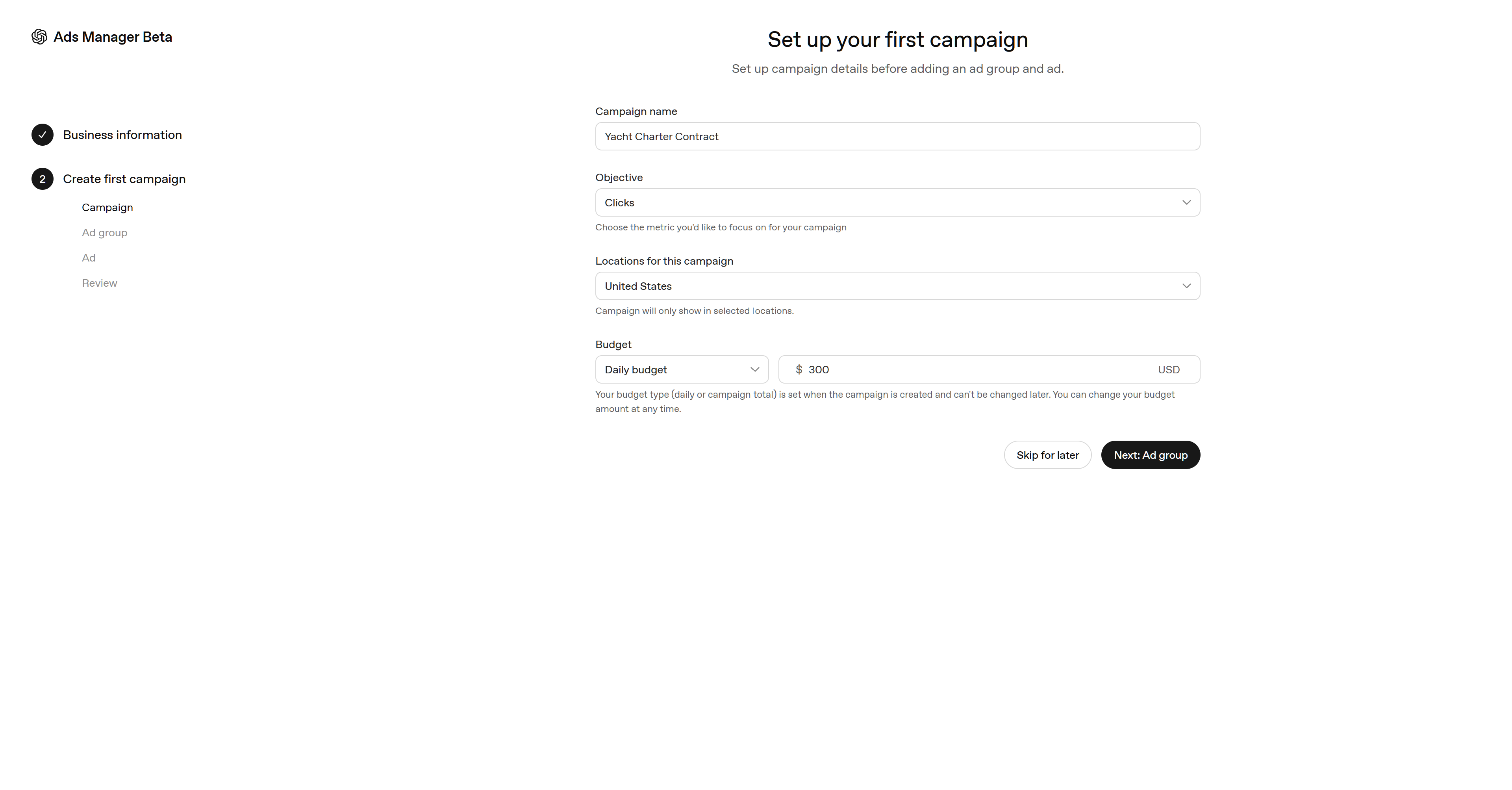 Set up your first campaign: name, objective, location and daily budget