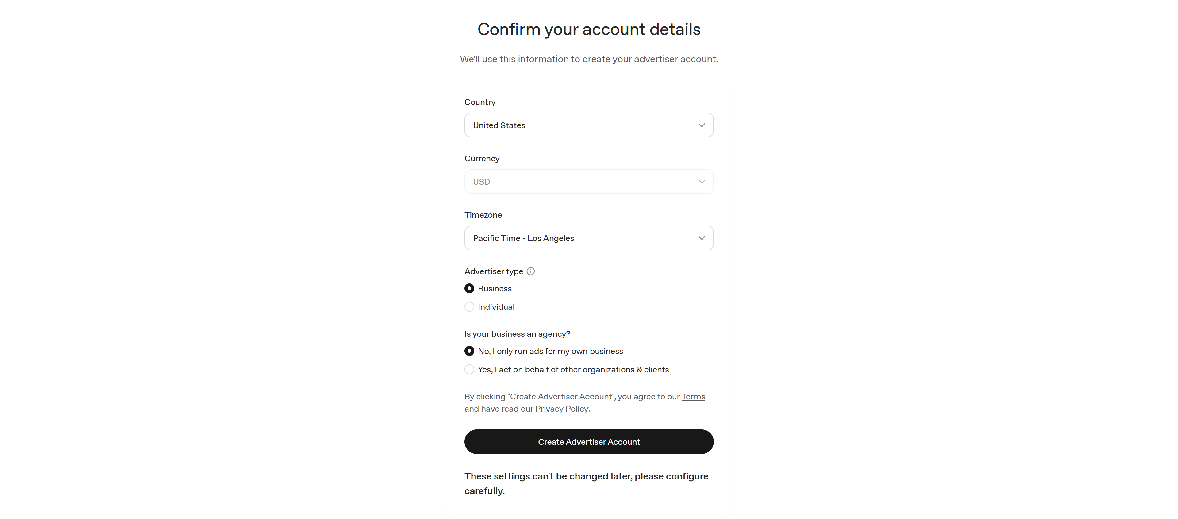 OpenAI advertiser account details with country set to United States and advertiser type set to Business